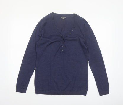 Gap Women's Blue Merino Wool Henley Jumper M V-Neck Long Sleeve