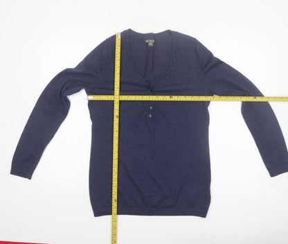 Gap Women's Blue Merino Wool Henley Jumper M V-Neck Long Sleeve