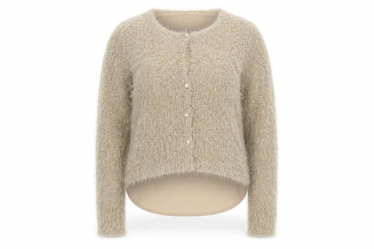Koan Women Beige Sequin Fuzzy Knit Cardigan Jumper M