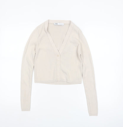 ZARA Women Beige V-Neck Slim Fit Knit Cardigan Size S