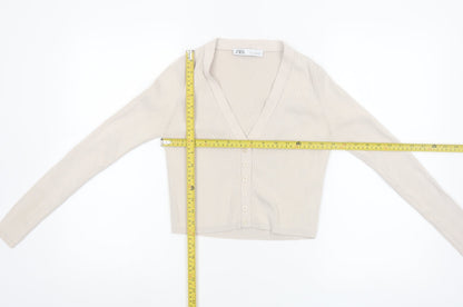 ZARA Women Beige V-Neck Slim Fit Knit Cardigan Size S
