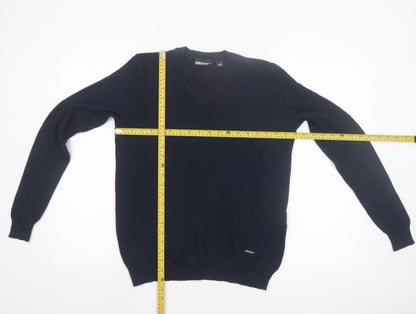 DKNY Men's Blue Wool Blend V-Neck Jumper M Classic Knit