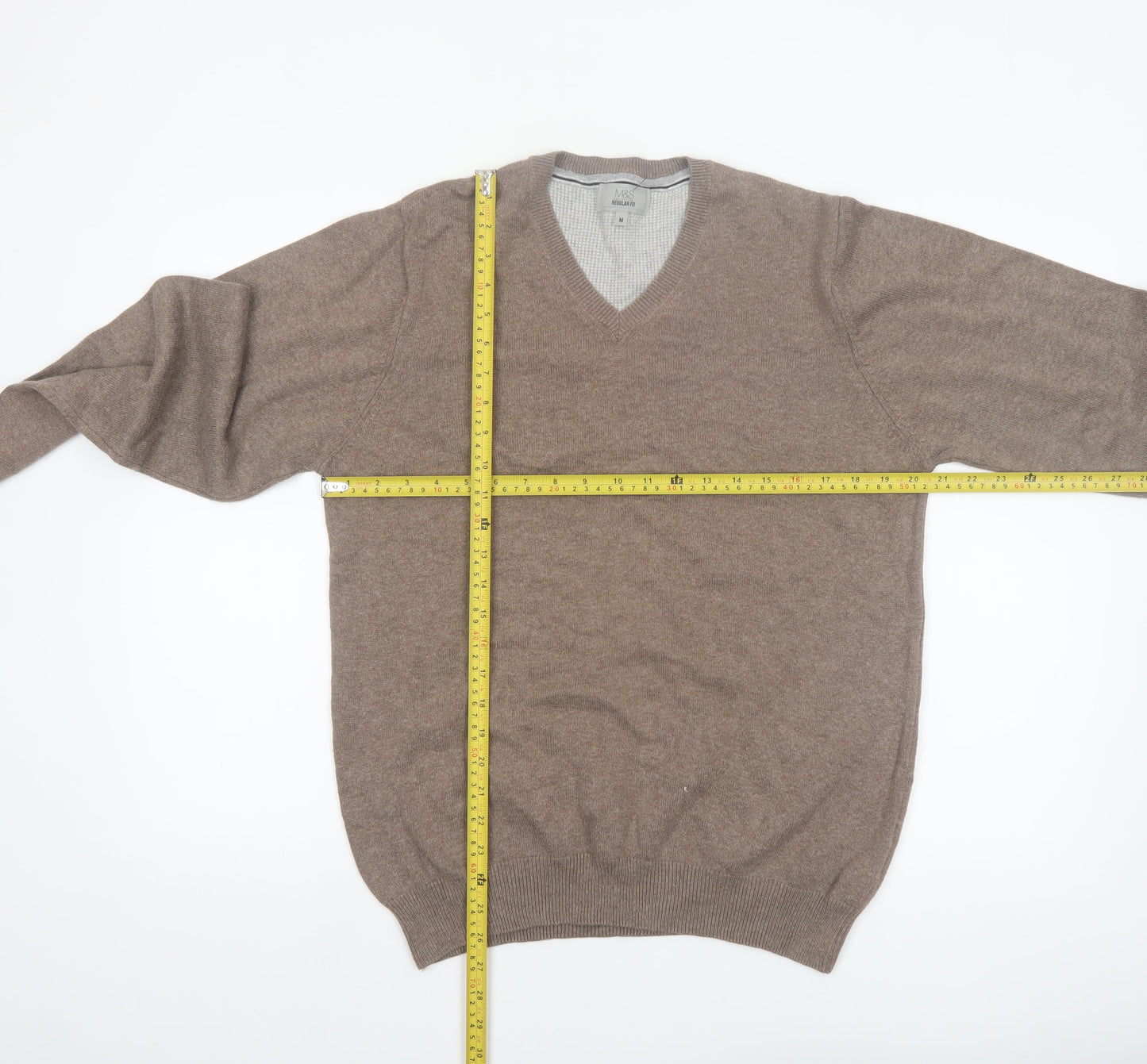 Marks and Spencer Men’s Brown Cotton V-Neck Jumper M Regular Fit