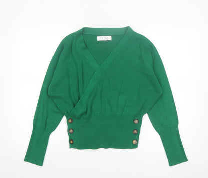 Paisie Women Green Wrap Jumper L V-Neck Long Sleeve Knit