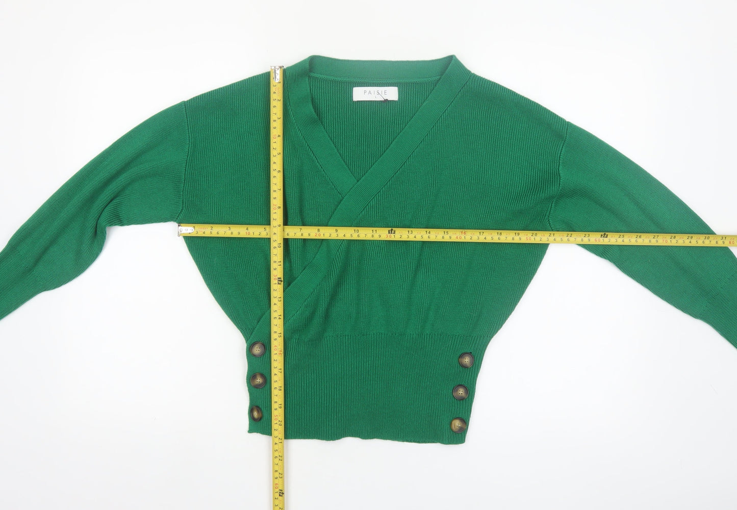 Paisie Women Green Wrap Jumper L V-Neck Long Sleeve Knit