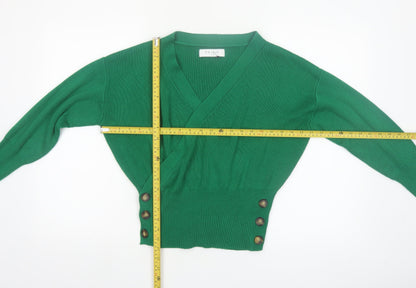 Paisie Women Green Wrap Jumper L V-Neck Long Sleeve Knit