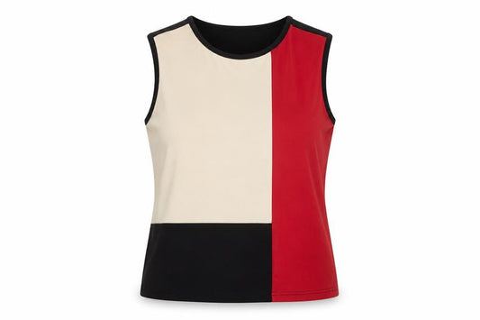 Front view of Canda Women’s Multicoloured Colourblock Sleeveless Mock Neck Tank Top, size UK 12