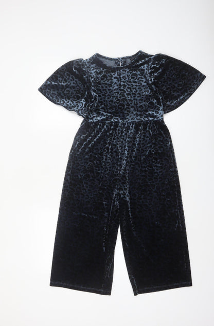Next Girls Blue Velvet Leopard Print Jumpsuit 7 Years Short Sleeve Party Wear