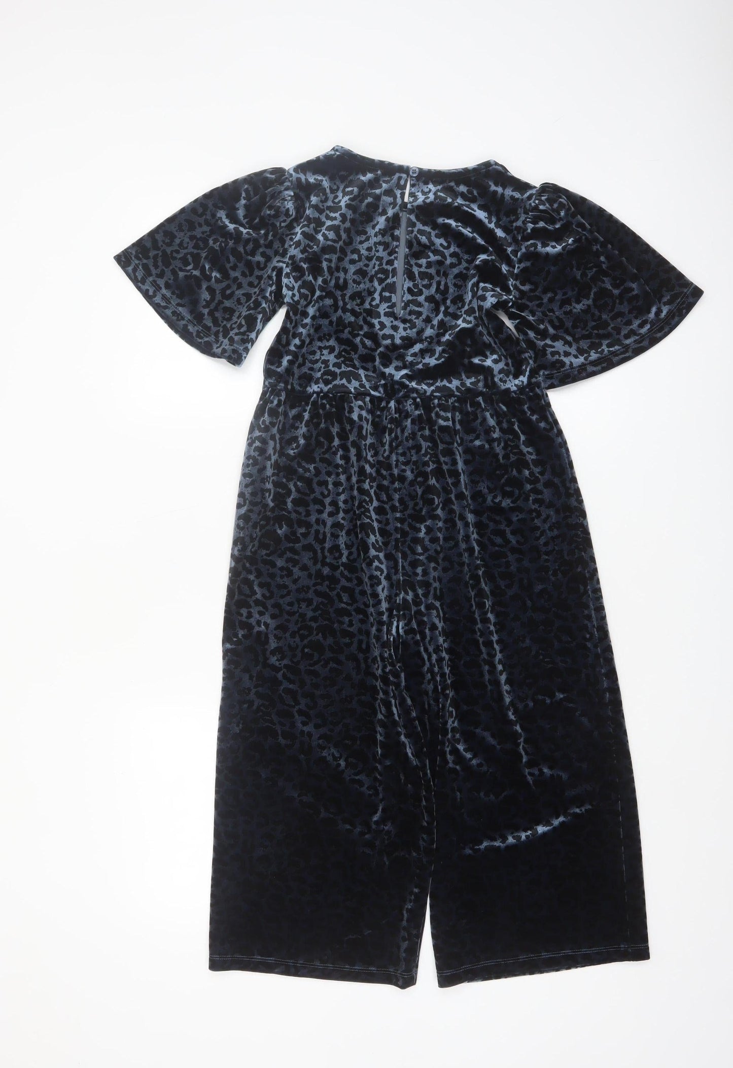 Next Girls Blue Velvet Leopard Print Jumpsuit 7 Years Short Sleeve Party Wear