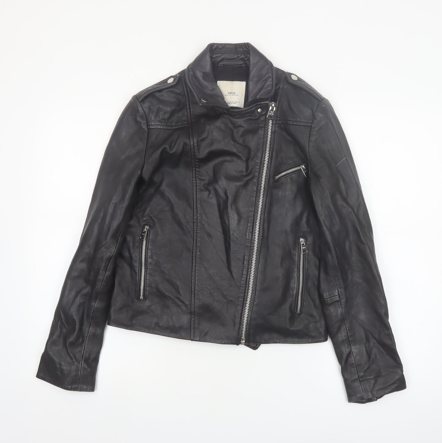 MNG Women's Black Leather Biker Jacket Size 8 Genuine Leather