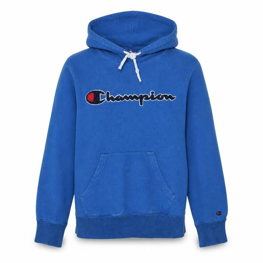 Front view of Champion boys’ blue pullover hoodie small logo embroidered fleece