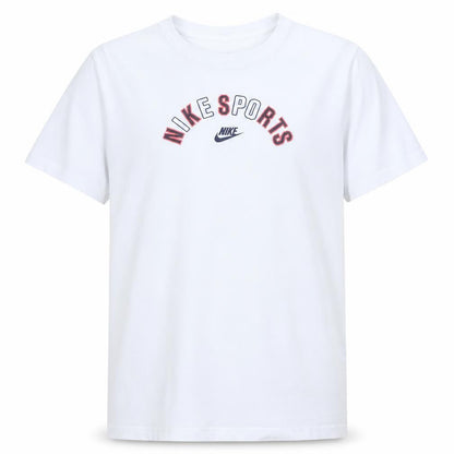 Front view of Nike boys’ white xl sports logo short sleeve cotton t-shirt