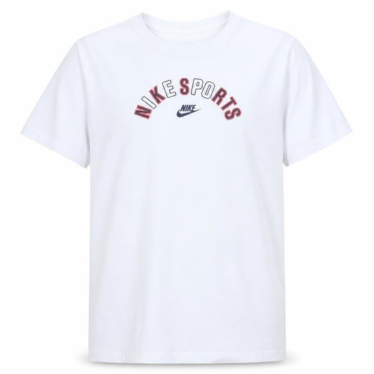 Front view of Nike boys’ white xl sports logo short sleeve cotton t-shirt