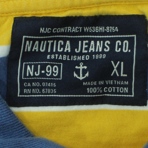 Nautica Jeans Co. Men's Yellow Blue Striped Polo Shirt XL Cotton