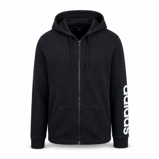 Front view of Adidas Men's Black Full Zip Hoodie M Cotton Blend Casual Sportswear