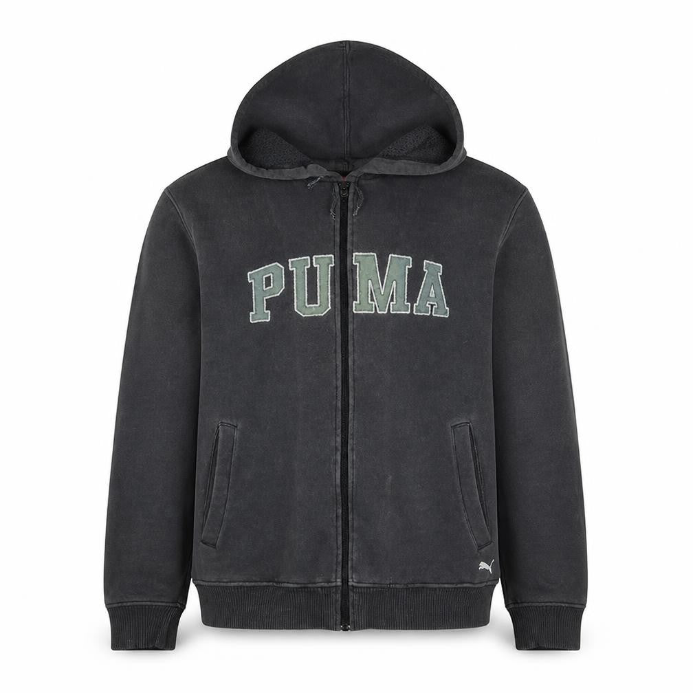 Front view of Puma Men's Black Full Zip Fleece Hoodie, size M, Sportswear