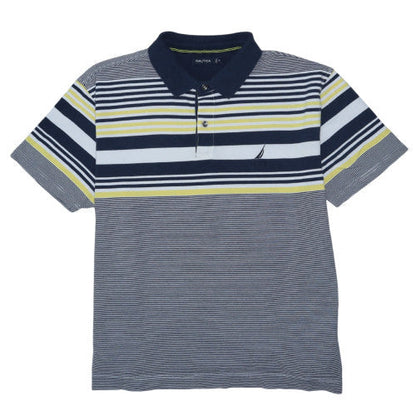 Nautica Men Blue Striped Short Sleeve Polo Shirt 2XL Cotton