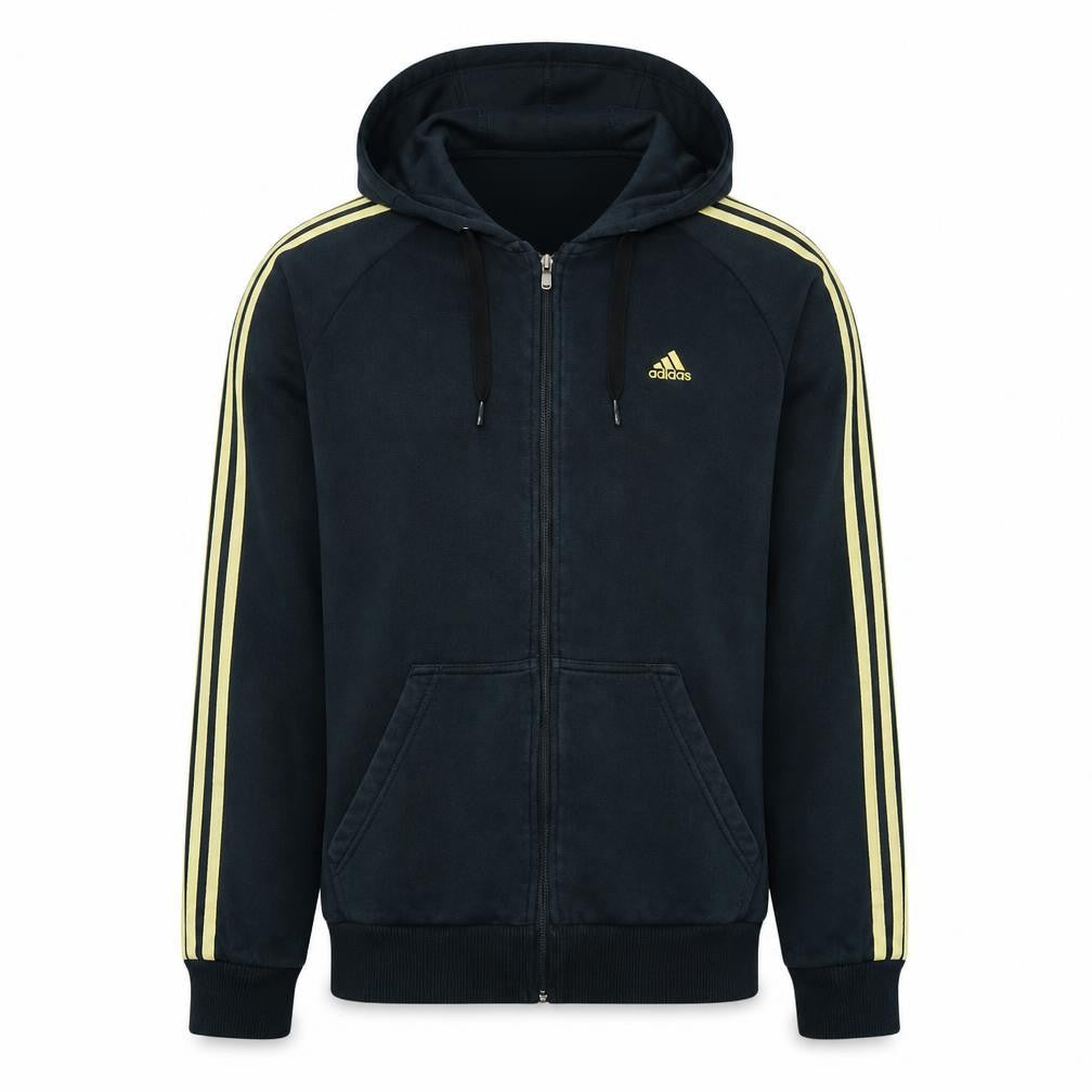 Front view of Adidas Men's Black Full Zip Hoodie, size M, Sports Fleece