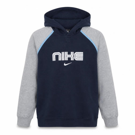Front view of Nike boys’ blue & grey pullover hoodie xl cotton logo sweatshirt