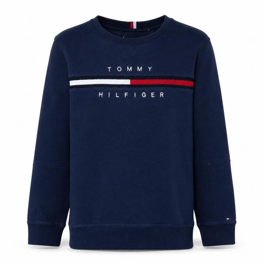 Front view of Tommy Hilfiger boys’ blue crew neck logo pullover sweatshirt, size 164