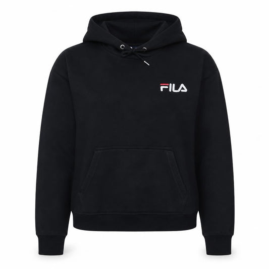 Front view of Fila women’s black xs pullover hoodie with logo embroidery