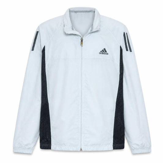 Front view of Adidas men’s white lightweight windbreaker jacket, size L