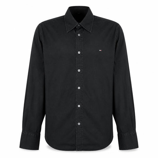 Front view of Hilfiger Denim Men's Black Slim Fit Long Sleeve Cotton Shirt M