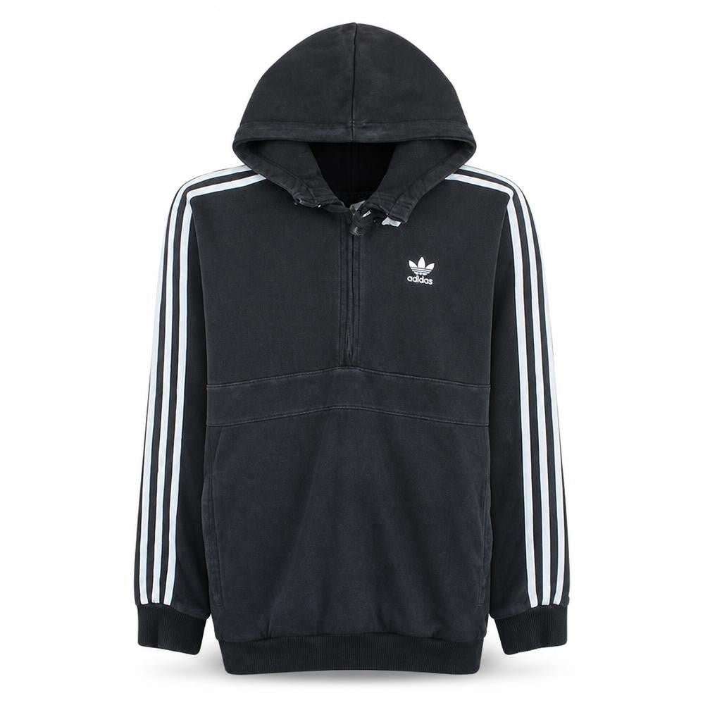 Front view of Adidas men’s black small 1/2 zip hoodie with logo detail