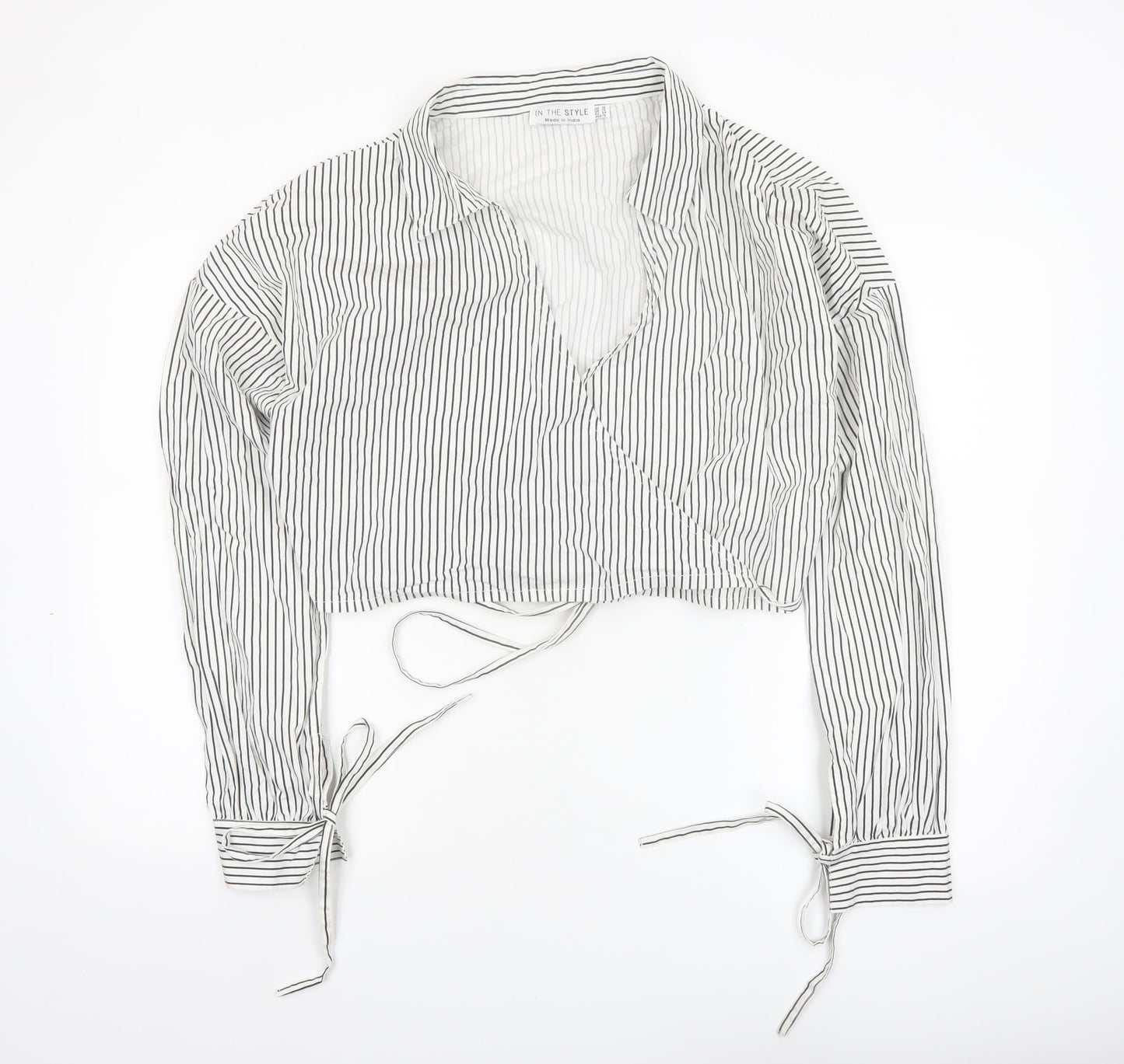 In The Style Women White Striped Cropped Wrap Blouse Size 16