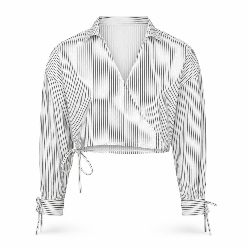 In The Style Women White Striped Cropped Wrap Blouse Size 16
