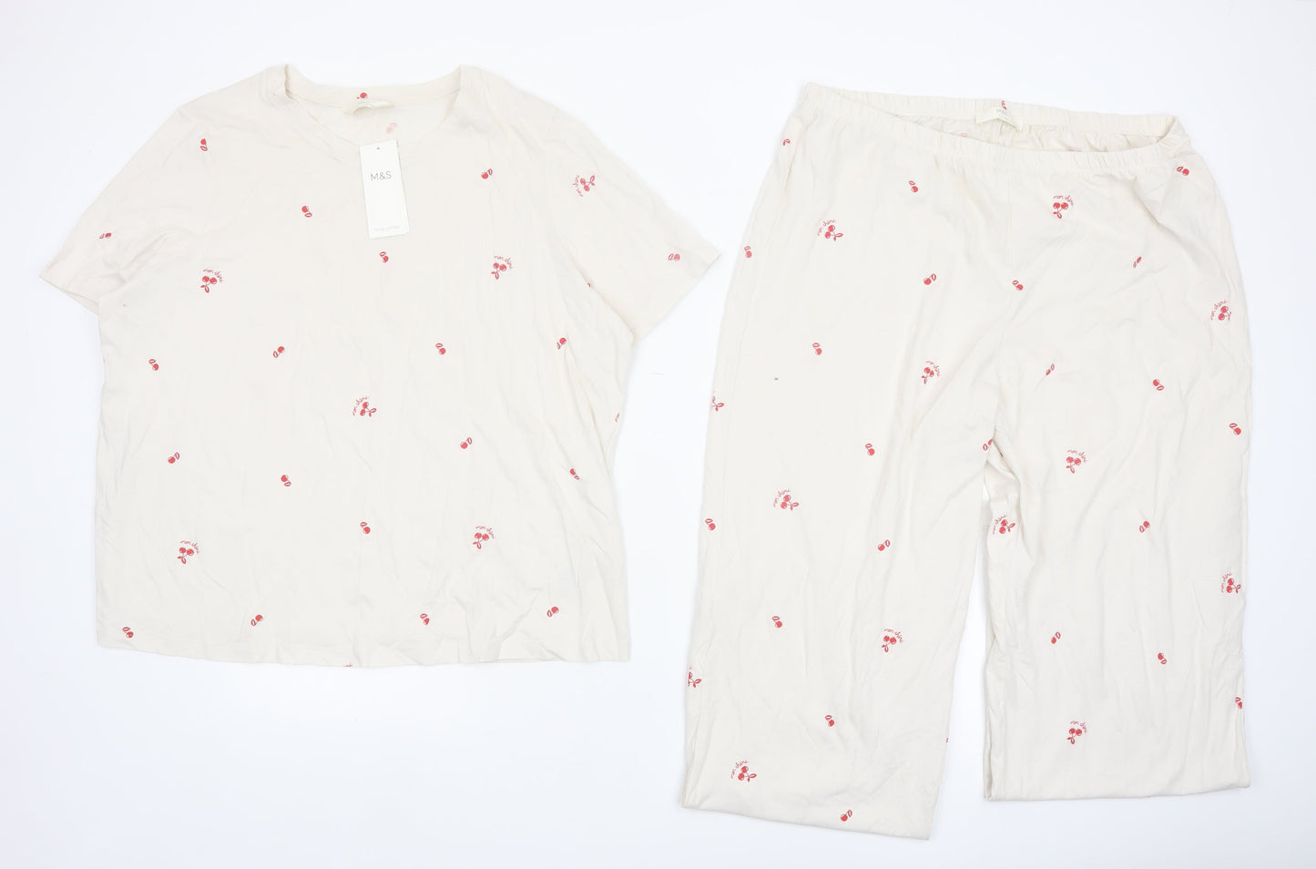Marks and Spencer Women Ivory Cotton Cherry Print Pyjama Set L