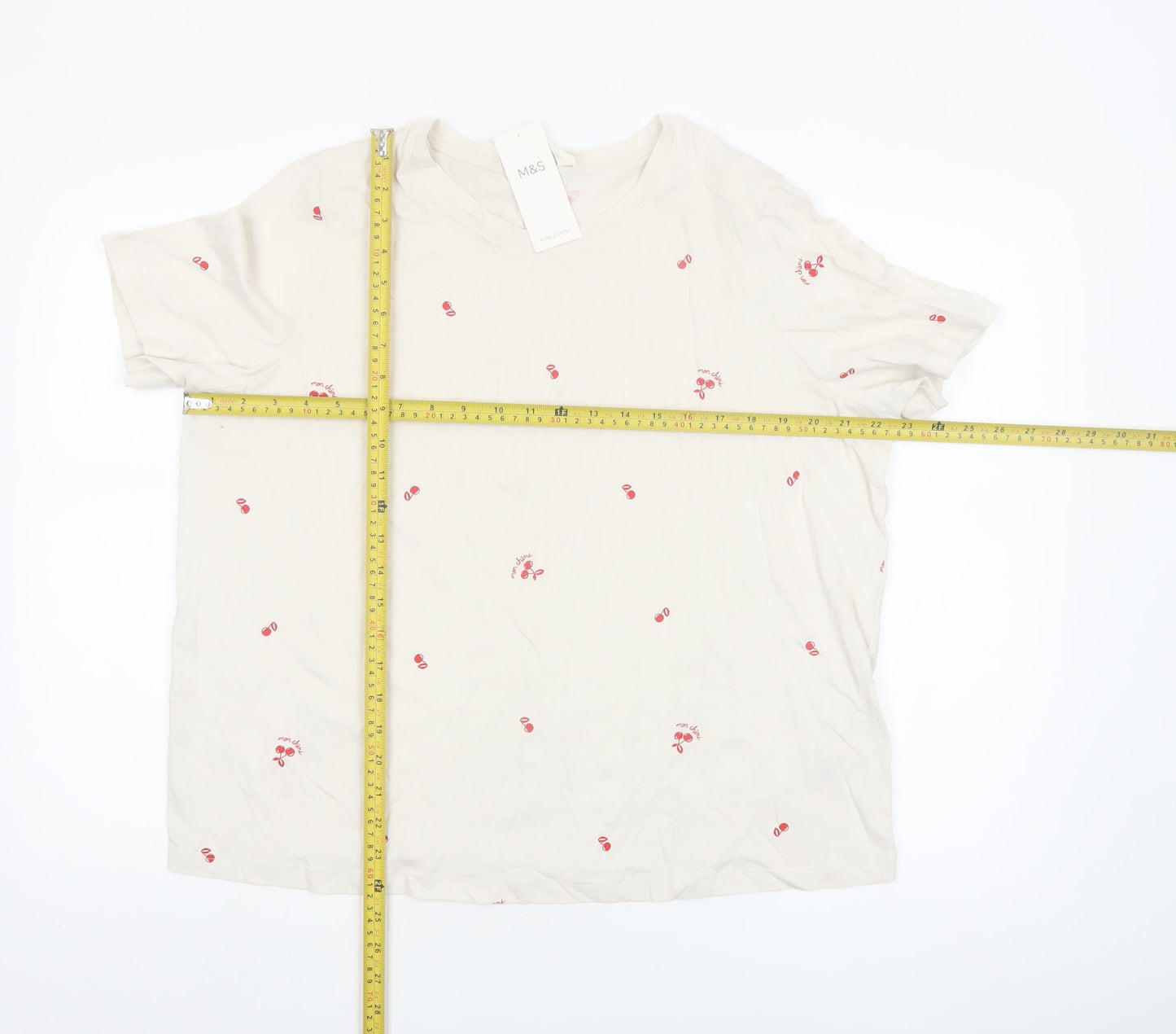 Marks and Spencer Women Ivory Cotton Cherry Print Pyjama Set L