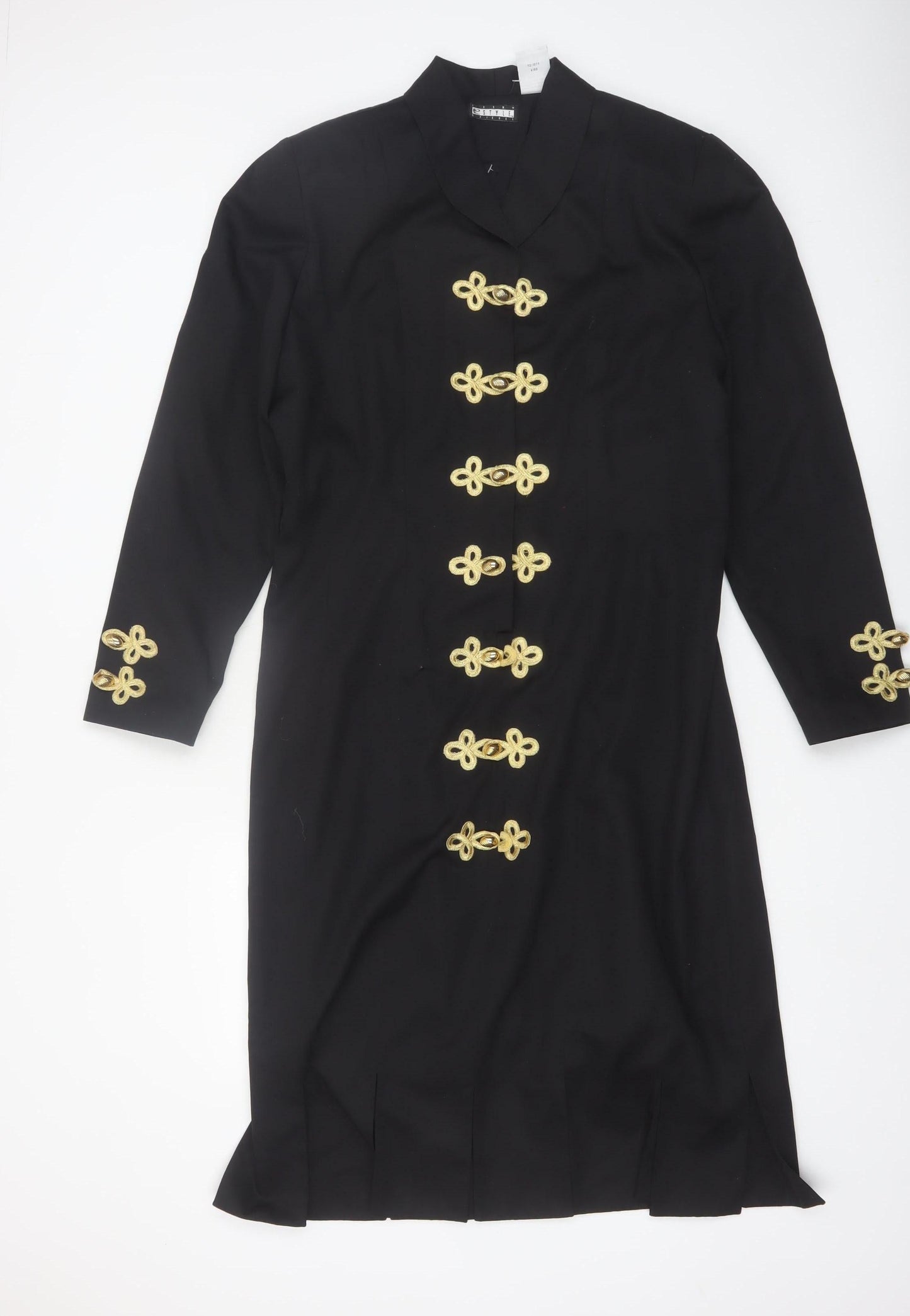 Spiegel Women Black Gold Military Long Coat Size 14 Polyester Rayon