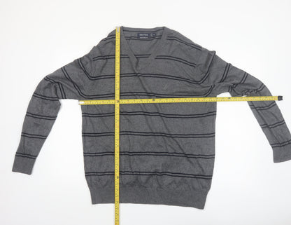 Nautica Men's Grey Striped V-Neck Cotton Modal Jumper XL