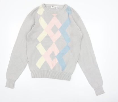 Parker of Vienna Women's Grey Argyle Cotton Crew Neck Jumper S