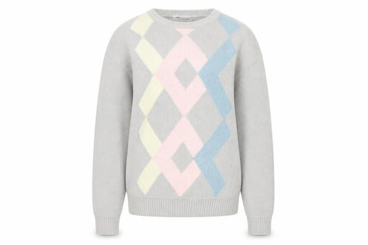 Parker of Vienna Women's Grey Argyle Cotton Crew Neck Jumper S