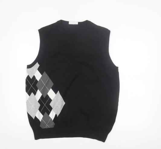 FOUR-D Men's Black Argyle XL Cotton Sleeveless V-Neck Jumper Vest