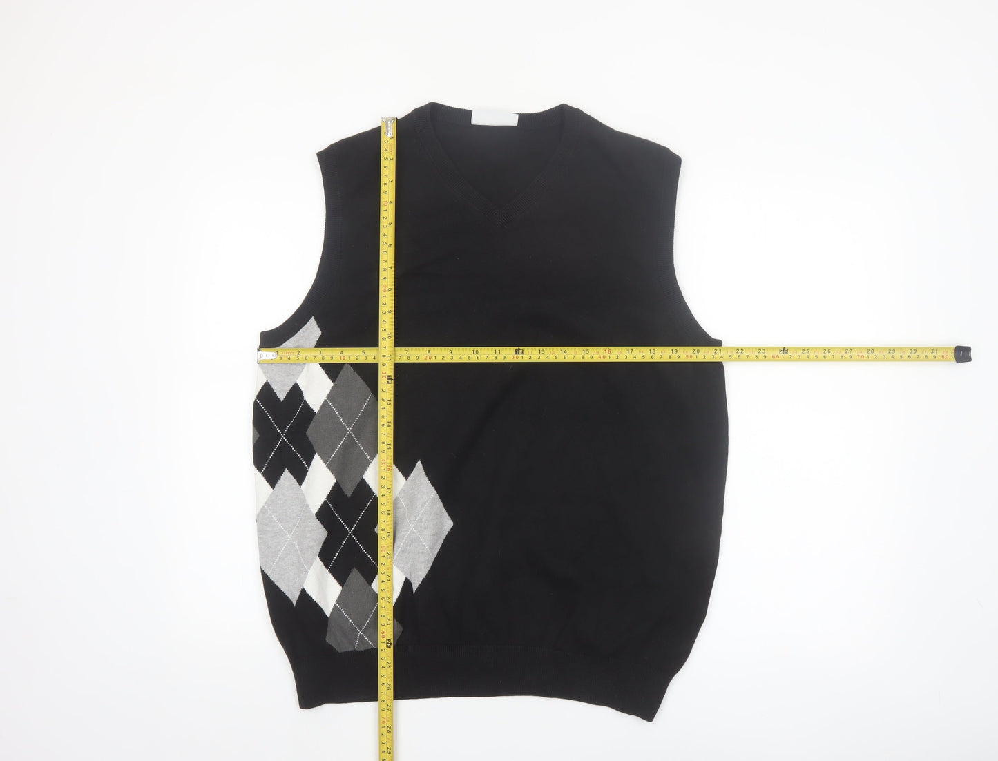 FOUR-D Men's Black Argyle XL Cotton Sleeveless V-Neck Jumper Vest