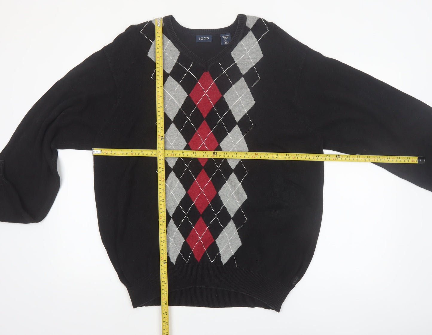 IZOD Men's Black Argyle V-Neck Cotton Pullover Jumper L
