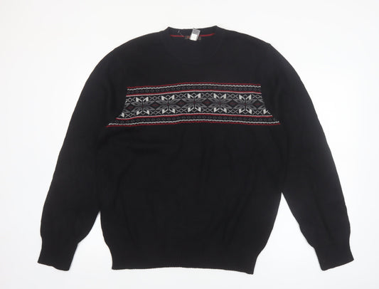 Dockers Men’s Black Fair Isle Cotton Crew Neck Jumper L