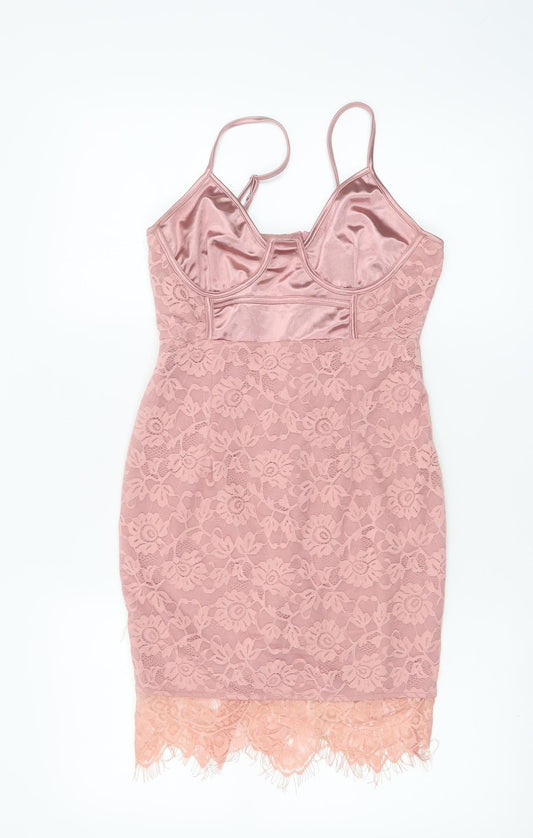 PrettyLittleThing Women Pink Lace Bodycon Sleeveless Dress UK 10