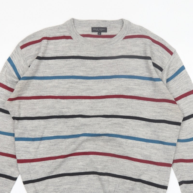 Emilio Corali Men’s Grey Striped Crew Neck Knit Jumper Size L