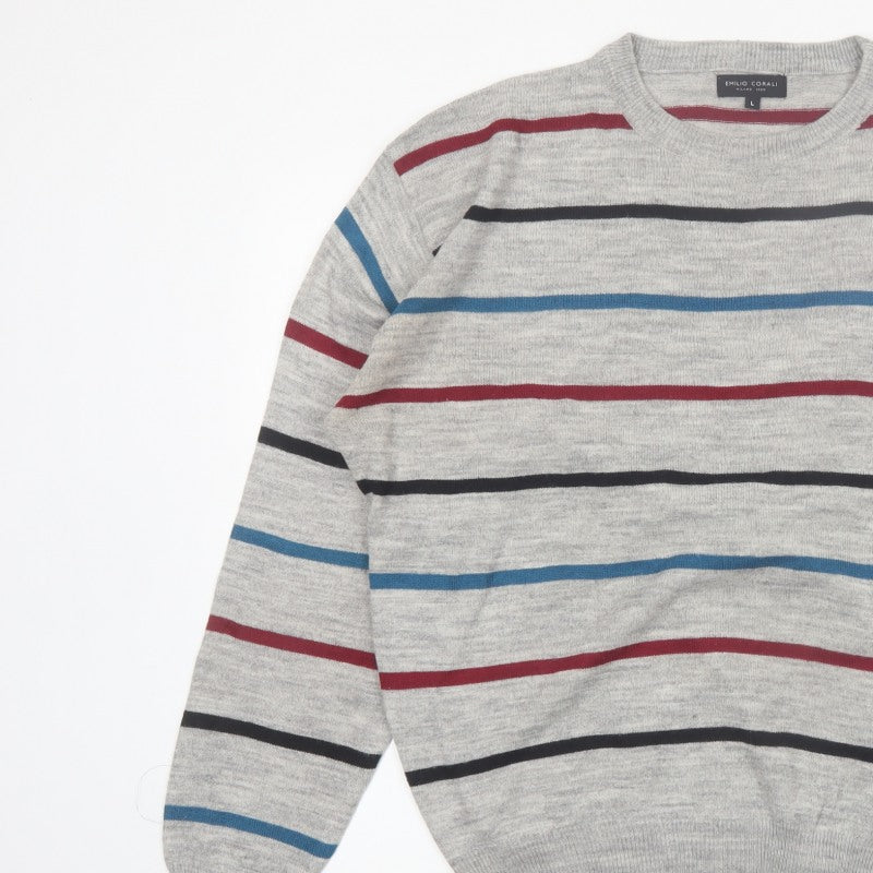 Emilio Corali Men’s Grey Striped Crew Neck Knit Jumper Size L
