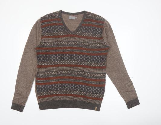 Peter England Men's Brown Fair Isle V-Neck Jumper XL