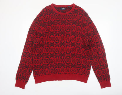 Chaps Men's Red Fair Isle Cotton Pullover Jumper Size M