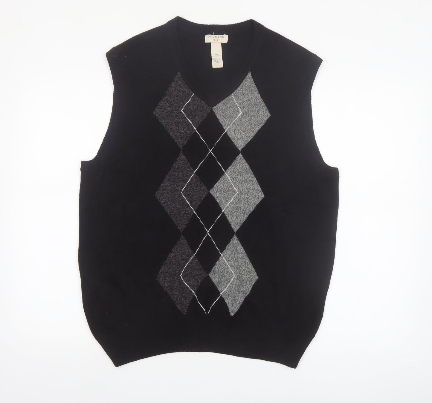Dockers Men Black Argyle Knit Acrylic Sleeveless V-Neck Jumper Vest L