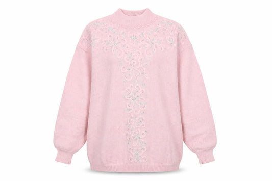 Jaclyn Smith Women's Pink Embroidered Mock Neck Knit Jumper L