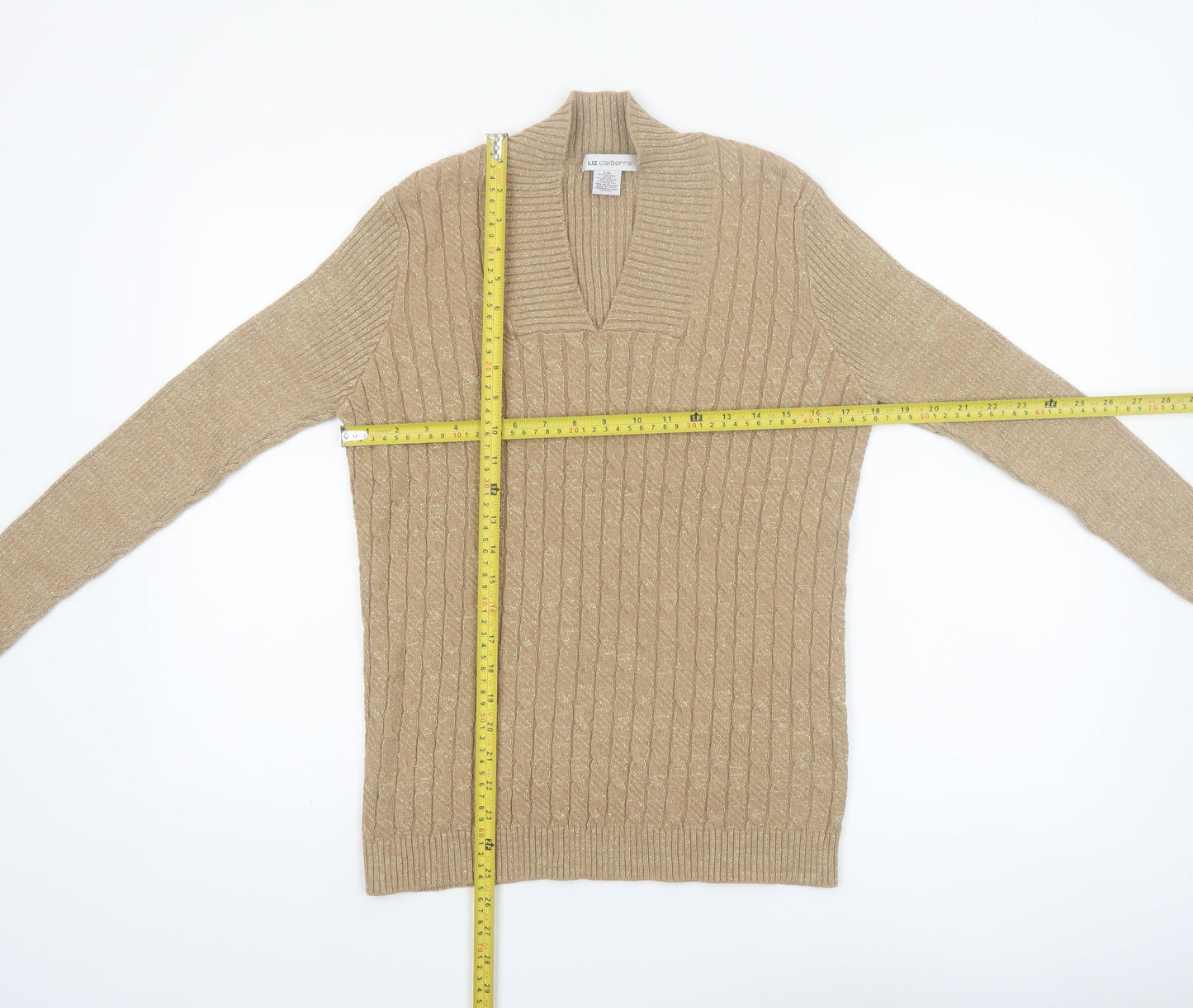Liz Claiborne Womens Beige Cable-Knit V-Neck Jumper Size L Cotton Blend