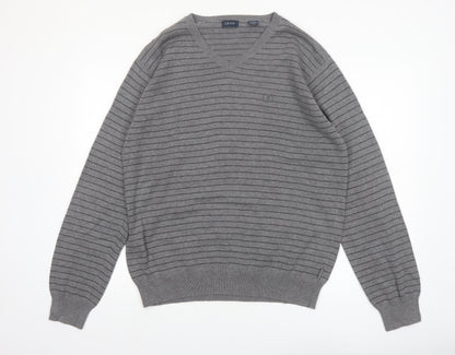 IZOD Men's Grey V-Neck Striped Cotton Jumper L