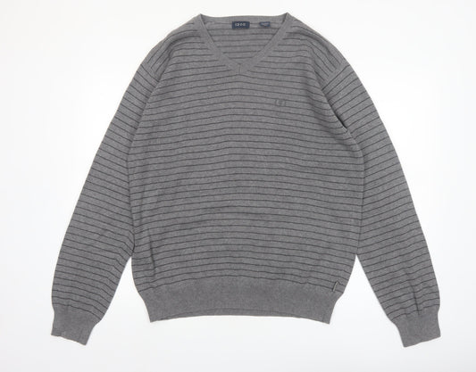 IZOD Men's Grey V-Neck Striped Cotton Jumper L